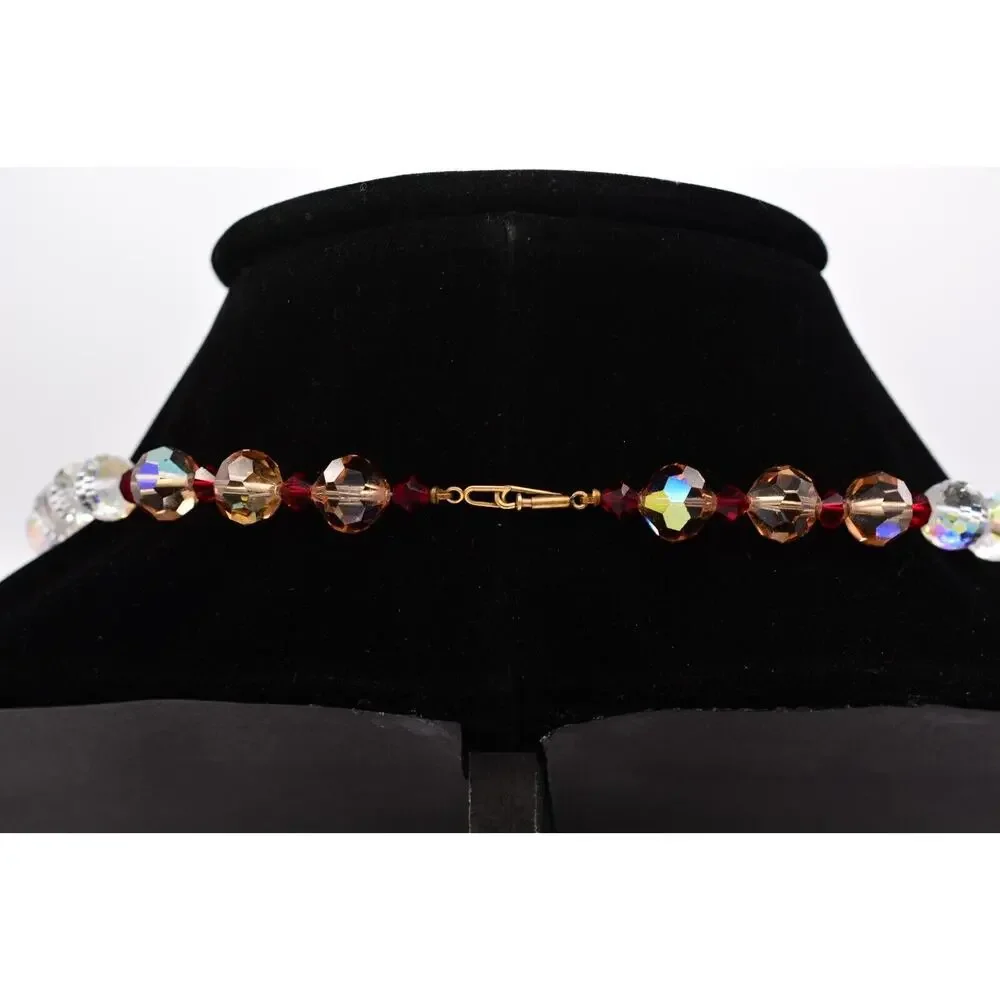 Vintage Glass Crystal Beaded Necklace Aurora Borealis Heavy Chunky Signed Bin3B